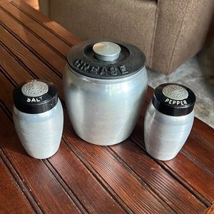 MCM Kromex salt and pepper shakers plus a grease saver